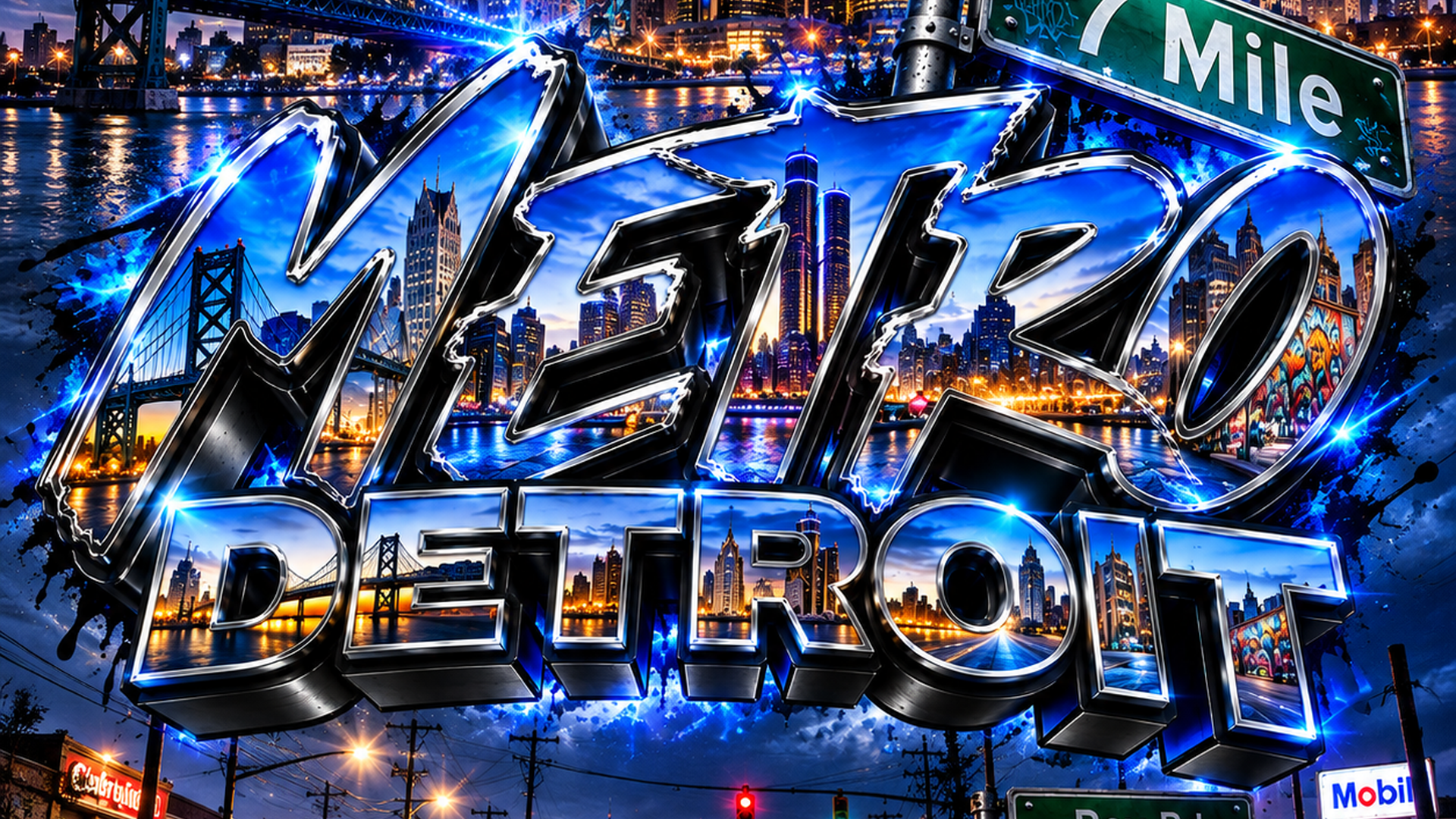Metro Detroit city skyline artwork with blue chrome lettering